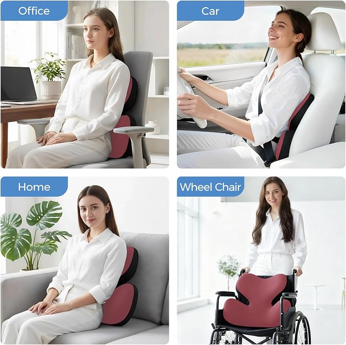 BEBAS Ergonomic Memory Foam Lumbar Support Pillow for Car, Red | Zoned Pressure Relief for Back Support, Lumbar Cushion with Fixed Ring, Breathable Washable Cover, Fits for Driving & Office