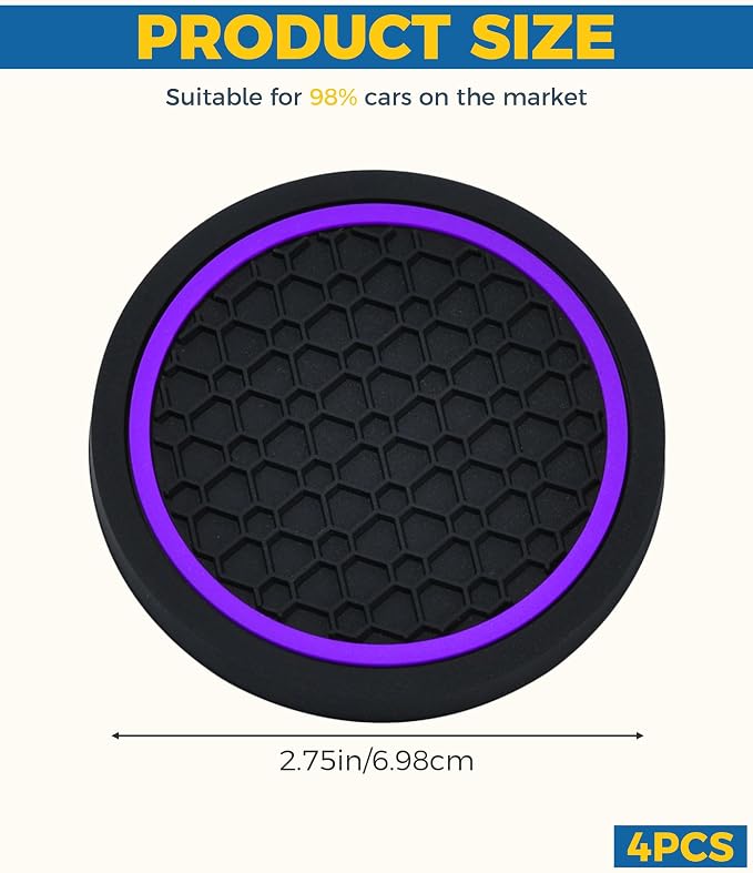 4PCS Car Coasters, Car Accessories Interior, 2.75 Inch Non-Slip PVC Coasters for Cup Holders, Universal, Black&Purple