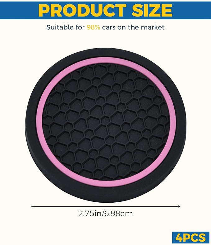 4PCS Car Coasters, Car Accessories Interior, 2.75 Inch Non-Slip Cup Holder Coasters for Most Vehicles (Black&Pink)