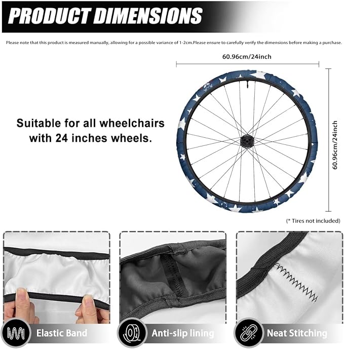 The Stars and Stripes Wheelchair Wheel Covers 2 Pack Wheelchair Tyre Covers Neoprene Wheel Cover for Transport Wheelchair Wheels, 24 Inch