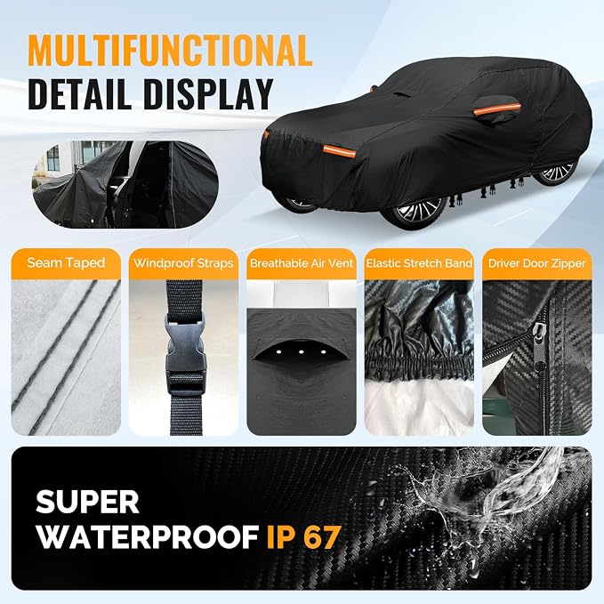 Heavy Duty SUV Car Cover for Automobiles All Weather Waterproof, Outdoor Snowproof UV Protection Windproof, Door Zipper, Soft Cotton Universal Car Covers (Black, Fit SUV 181"-190")