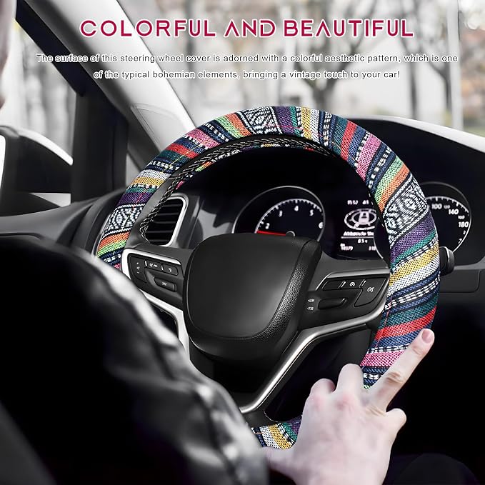 Boho Steering Wheel Cover, Anti-Slip Coarse Flax Cloth Ethnic Style Auto Wheel Cover, Breathable Boho Auto Steering Wheel Protector for Women Men, Car Accessories (Style B)