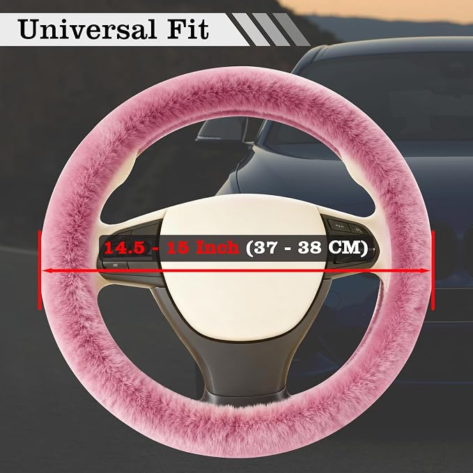 Furry Warm Steering Wheel Cover, Universal 14.5-15 Inch Winter Plush Warm Steering Wheel Cover, Soft Fluffy, Anti-Slip Design, Soft Texture (Pink)