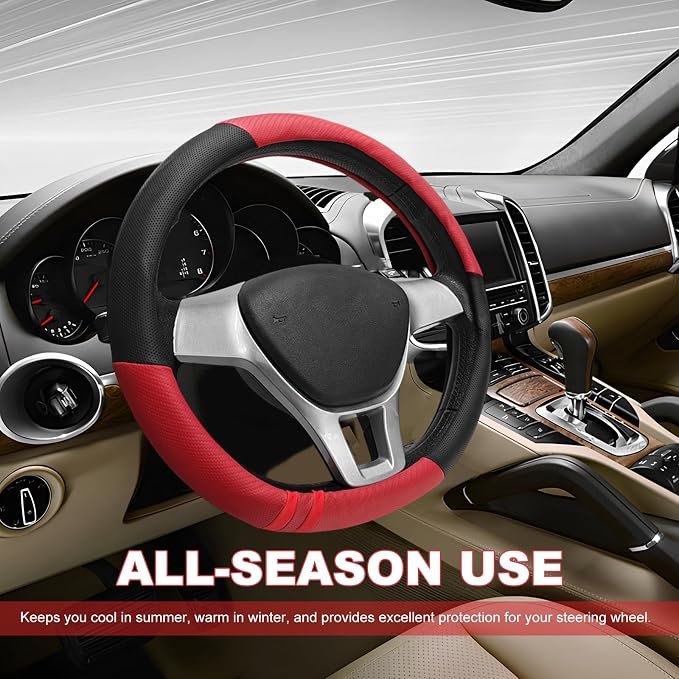 Car Steering Wheel Cover, Breathable Carbon Fiber Wheels Protective Cover Interior Accessories, Universal Anti Slip Protector for Most 14.5-15 Inch Steering Wheels (Red)