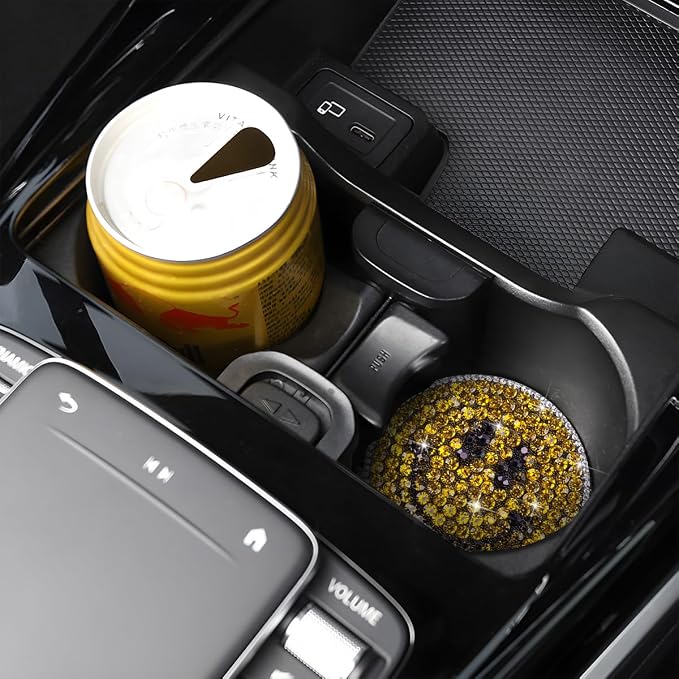 Bling Car Cup Holder Coaster, 2PCS 2.75 Inch Crystal Rhinestone Anti Slip Vehicle Drink Cup Mat for Women Girls, Auto Interior Embedded in Ornaments. Universal for SUV RV Truck (Smile)