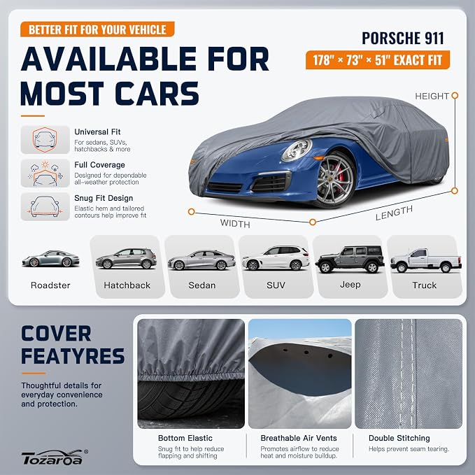 Car Cover Waterproof All-Weather,Outdoor Full Exterior Coupe Covers Custom Fit for Porsche 911,Chevrolet Corvette Cavalier Cobalt,Audi A5,BMW 2 Series,Ford Mustang,etc,Size C3(See SizeChart)