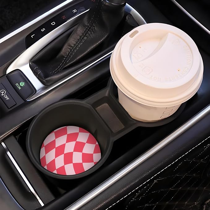 hot Pink Checkerd Car Coasters for Cup Holder Absorbent Ceramic Cup Coaster 2 Pack Anti Slip Car Interior Accessories with Finger Notch Cork Base for Women Men 2.56"