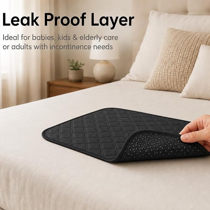 4 Pack Waterproof Chair Pads for Incontinence, 18" x 16" Reusable | Seat Protector Pads, Black Washable Seat Cover Non-Slip Absorbent Pee Cover for Incontinence Bed Wheelchair Adults