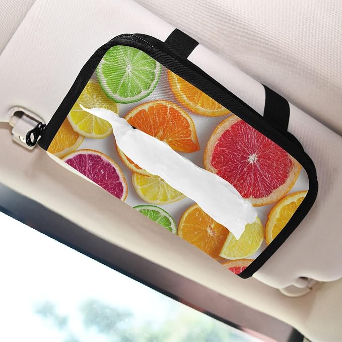 Summer Citrus Slices Car Tissue Holder Durable Napkin Holder Hanging Tissue Holders Case Car Tissues Bag for Sun Visor Seat Back Universal Auto