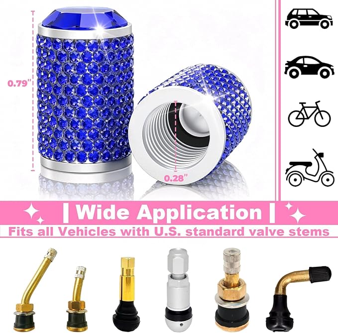 4Pcs Car Tire Valve Stem Caps, Bling Tire Air Cap for Car, Universal Stem Covers, Anodized Aluminum Tires Valve Cap with O Rubber Ring, Crystal Diamond Car Accessories for Women