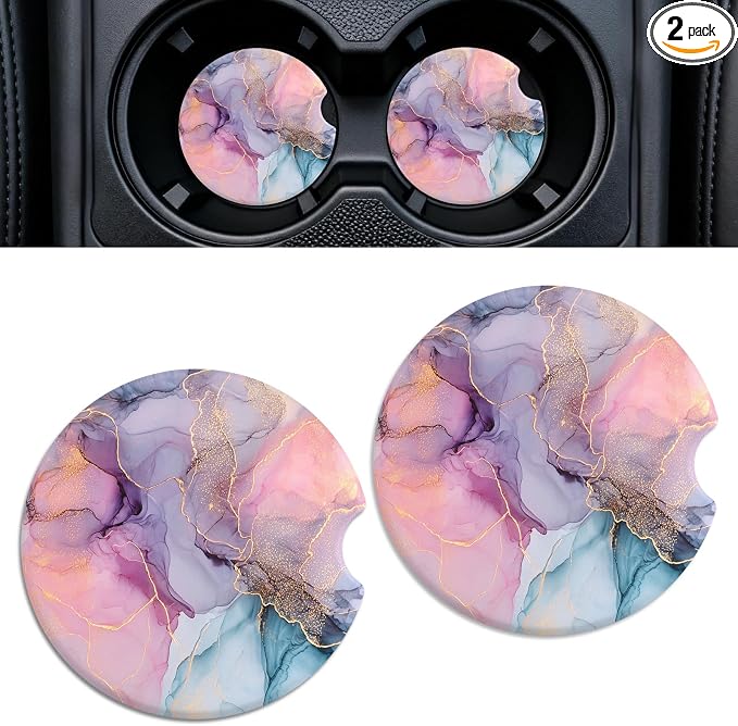 Car Cup Holder Ceramic Coasters 2 Pack, 2.56 in Anti Slip Absorbent Coaster with Cork Base and Finger Notch, Funny Cute Car Accessories Interior for Women, Fantasy Stone