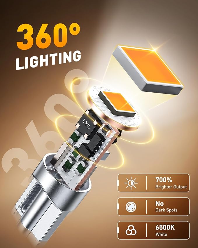 OXILAM 194 LED Bulb Amber Yellow, T10 168 2825 W5W LED Replacement, 700% Brighter Non-Polarity for License Plate Dome Map Door Courtesy Trunk & Side Marker Lights, Pack of 2