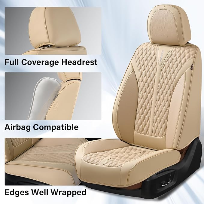 Coverado Seat Covers Front Seats, Waterproof Car Seat Covers, Luxury Leather Seat Covers for Cars, Automotive Seat Covers Leather Seat Cushion Protector Universal Fit Most Cars SUVs Trucks, Beige