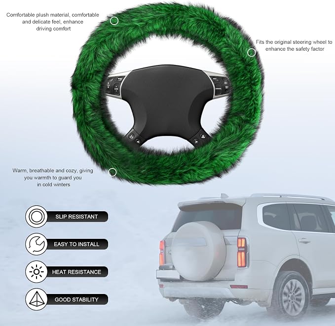 Fluffy Steering Wheel Cover, 15 Inch Anti-Slip Microfiber Plush Fuzzy Steering Wheel Cover, Winter Warm Elastic Fuzzy Steering Wheel Covers for Women and Men, Car Accessories (Green)