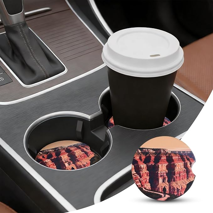 2 Pack Car Coasters for Cup Holders, Absorbent Ceramic Stone Cup Coaster with Non-Slip Cork Base&Finger Notch, Grand Canyon Hiking Landscape Auto Interior Accessories, Universal 2.59 Inch