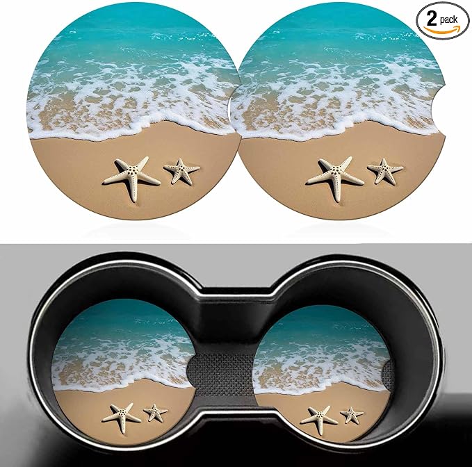 Summer Beach 2 Pack Car Cup Holder Coaster Sea Wave Starfish on Sand Anti Slip Insert Absorbent Ceramic Car Coaster with Cork Base and Finger Notch Cute Car Accessories Interior for Women Men