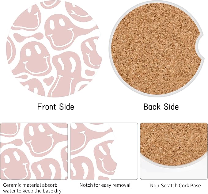 Car Coasters,Purple Smily Absorbent 2 Pack for Cup Holders with Finger Notch,2.56 inches Ceramics Heat Resistant Anti Slip Cork Base Car Drinks Coasters Auto Cup Holder(Light Pink Smiley face)