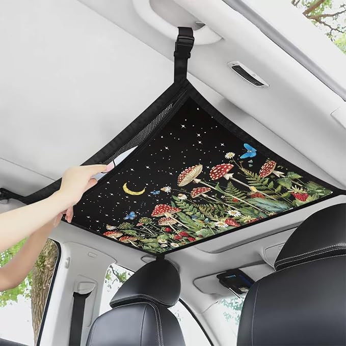 Dreaweet Mushroom Print Car Ceiling Cargo Net Pocket Storage Net,Car Roof Storage Organizer Double-Layer Cargo Net for SUV Truck Mini Van,Car Camping Essentials