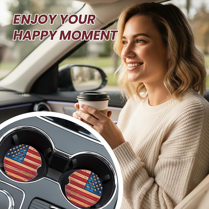 2 Pack American Flag Car Coasters for Men Women Car Cup Holder Coasters, 2.63 Inch Anti Slip Ceramic Absorbent Coaster with Cork Base and Finger Notch, Funny Car Accessories Interior
