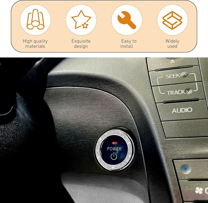 WZP Bling Push to Start Button Cover, White, 2PCS | Crystal Rhinestone, Engine Start Button Cover, Sparkling Car Interior Accessories, For Women