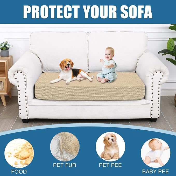 Smiry Waterproof Couch Cushion Covers, Stretch Jacquard Thick Sofa Cushion Covers, Washable Seat Slipcover Elastic Furniture Protector for Pets, Kid (Medium, Light Brown)