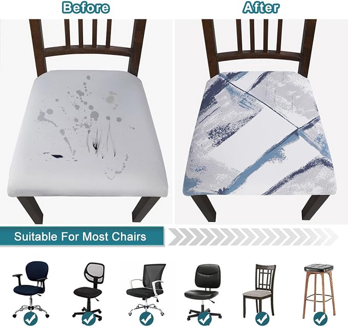 SearchI Seat Covers for Dining Room Chairs Stretch Printed Chair Seat Covers Set of 6, Removable Washable Upholstered Chair Seat Protector Cushion Slipcovers for Kitchen, Office(Blue/White)