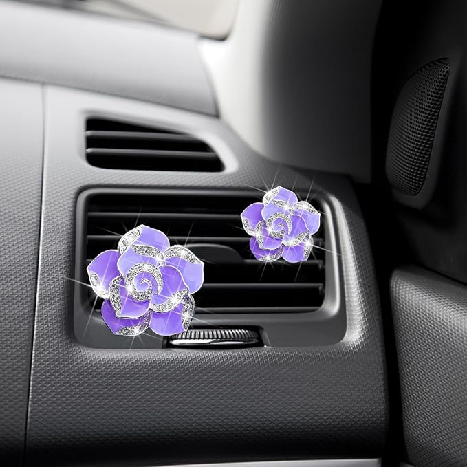 Osilly Bling Car Air Vent Clips, 4PCS/2Set Flower Rhinestone Vehicle Air Outlet Clamp, Sparkly Diamond Automotive Interior Vent Clip Charm Decor Accessories, Universal for SUV Truck RV (Purple)