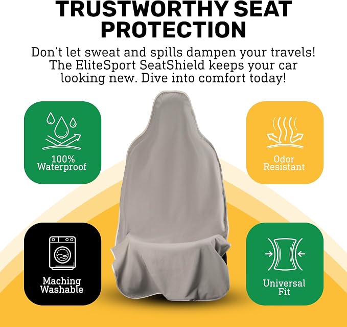 EliteSport Front Seat Cover, Universal Fit Waterproof, Sweatproof, Odor-Resistant, and Machine Washable Car Seat Protector with Non-Slip Underlayer for Pet, Travel, and Outdoor Adventure, Gray, 2Pack