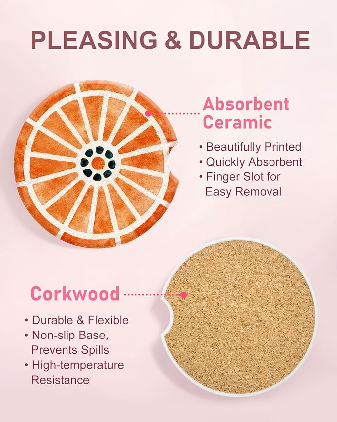 Swooflia 2 Pack Absorbent Ceramic Car Coasters for Women - 2.55 Inch Lemon Orange Car Cup Holder Coasters with Cork Base, Funny Car Accessories, New Driver Gifts