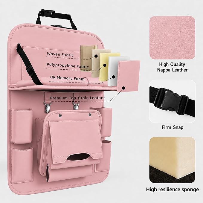 2 Pack Car Backseat Organizer with Foldable Table Tray, PU Leather Seat Back Organizer with Trash Bin, Tablet Holder, Kick Mat Protector, Back Seat Storage for Cars, Pink