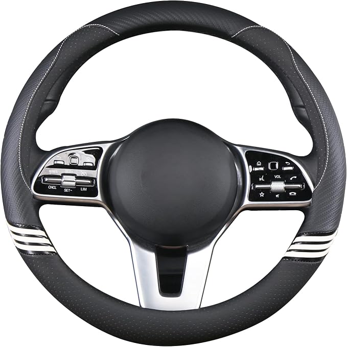 Small 14 inch Cute Leather Steering Wheel Cover Black | Breathable Faux Leather and Carbon Fiber Car Accessories for Women Men 13.5 inch to 14 inch