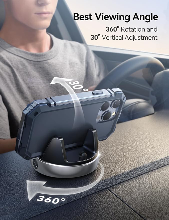 Car Phone Holder Mount, 360 Degree Rotation Dashboard Phone Holder, Silver | 30°Vertical Adiustment, Anti-Slip Grip & Adjustable Spring Clip Phone Holder for Car, Compatible with Smartphones, GPS Device