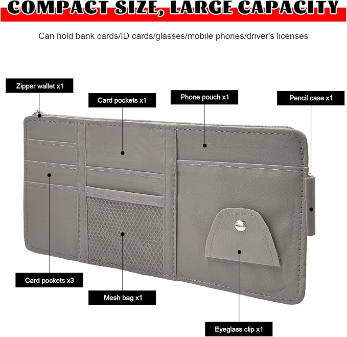 Car Sun Visor Organizer, Multifunctional Auto Visor Storage Bag with Net Pocket & Eyeglass Clamp, Waterproof Multi-Pocket Storage Pouch Ticket Organizer for Car Sun Visors (Gray)