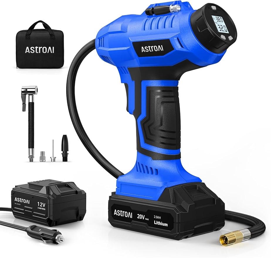 AstroAI C2 Cordless Tire Inflator Air Compressor 20V Rechargeable Battery Powered 160PSI Portable Handheld Air Pump with 12V Car Power Adapter Digital Pressure Gauge for Cars Motorcycles Gift Blue