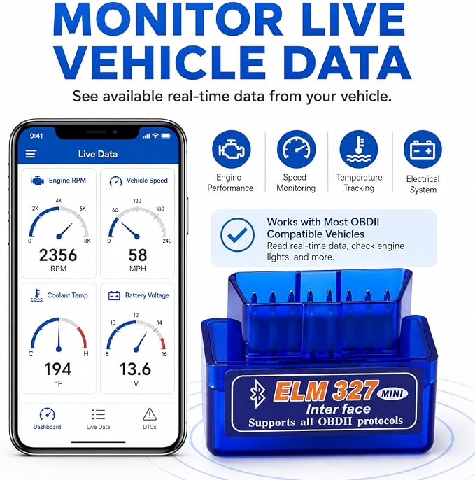 OBD2 Scanner Bluetooth 5.1 Adapter for iPhone & Android, OBDII Car Diagnostic Code Reader for 12V Gas Cars, Check Engine Light Reader with Live Data, VIN, RPM, Coolant Temp, YMOBD App