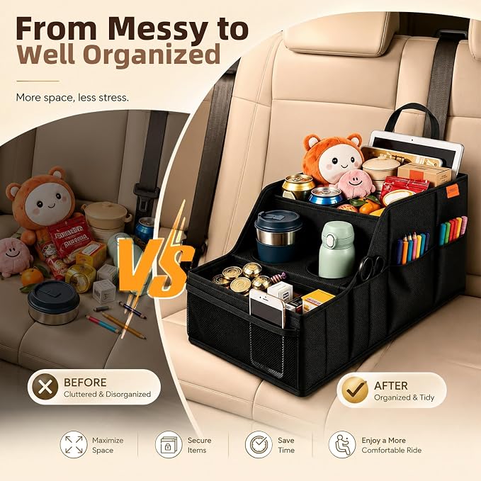 Car Seat Organizer Back Front Captains Seats Storage Travel | Car Organizer, Back Seat Car Organizer, Car Seat Organizer Front Seat – 9 Compartments, 2 Cup Holders – Foldable, Black