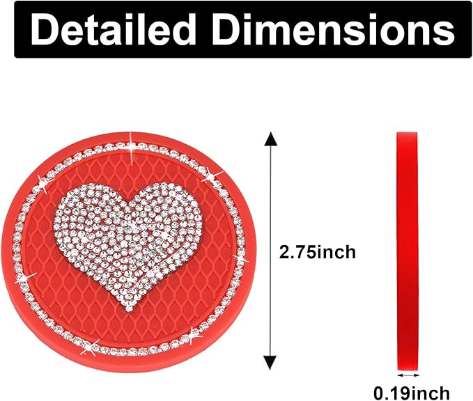 Bling Cup Holder Insert Coaster- 2.75 inch Silicone Anti-Slip Shockproof, Universal Fashion Car Interior Accessories for Women (RED&Love, 2 PCS)