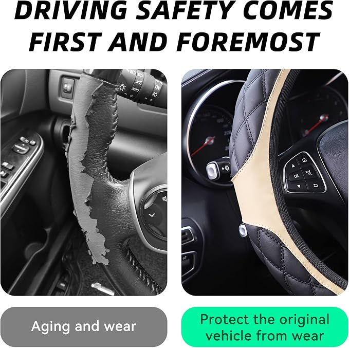 15 Inch Car Leather Steering Wheel Cover, Automotive Accessories Elastic Breathable Anti-Slip Soft Wheel Protector Fits Men and Women, Suitable for SUVs, Trucks, Vehicles and RVs (Beige)