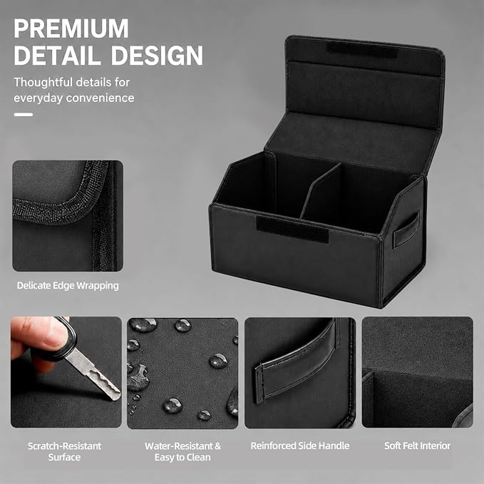 Car Trunk Organizer, Foldable Cargo Storage Box with Hook-and-Loop Lid, Suede & Faux Leather Trunk Organizer for SUV Sedan Truck, Adjustable Divider, Handles, Black, 19.7inches