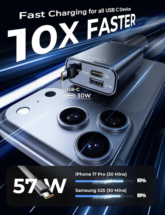 LISEN Car Charger USB C Fast Charge, [Single-Port] Retractable Car Charger USB C, RV Power Adapters for Women Men Phone Type C Charging for iPhone 17 Pro Max 16 15 Samsung S26 S25, MacBook Neo | 54W Car Phone Type C Charging with 30W USB C Cable RV Pow...