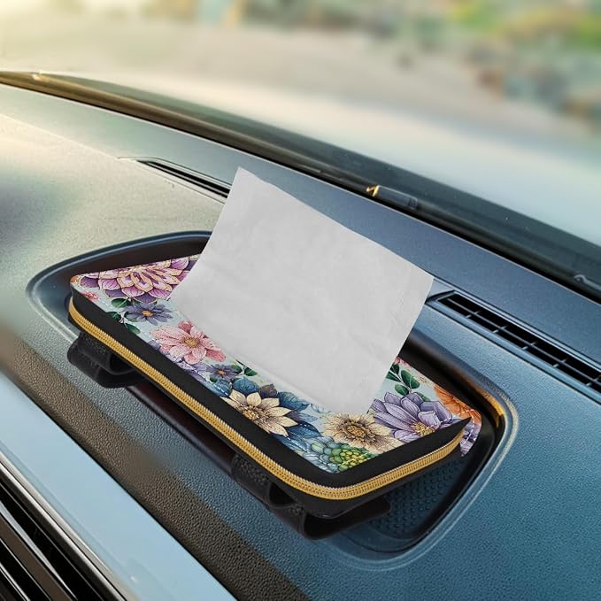 Boho Flower Automotive Visor Tissue Holder PU Leather Tissues Box Cover for Car Tissue Box for Sun Visor & Back Seat