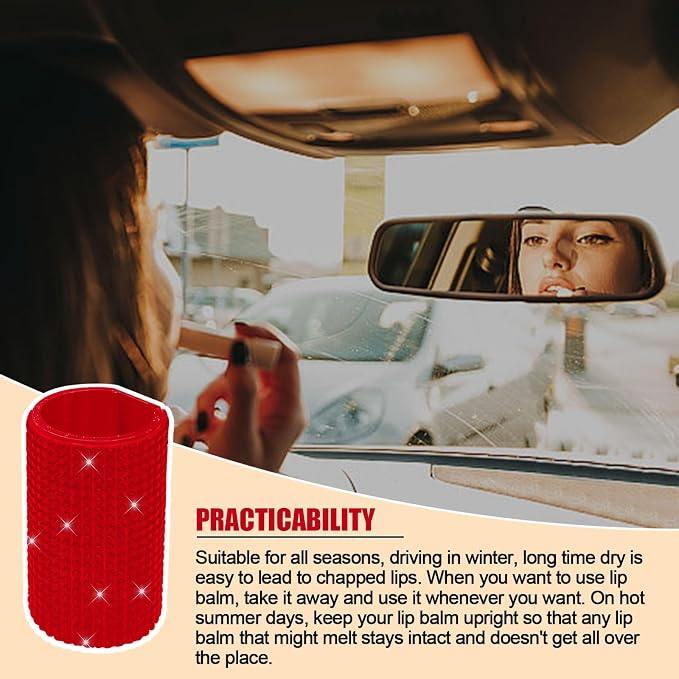 Upright Car Chapstick Holder, Bling Insulating Lip Balm Holder,Rhinestone Car Accessories for Women Interior ,Suitable for Most Vehicles. (Red)
