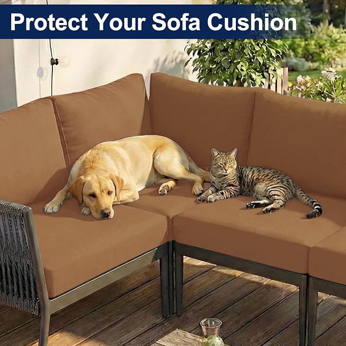 Smiry Waterproof Patio Cushion Covers, Stretch Outdoor Couch Slipcovers Replacement Washable Furniture Protector Sofa Chair Seat Cover for Dogs and Pets (14 Pcs, Camel)