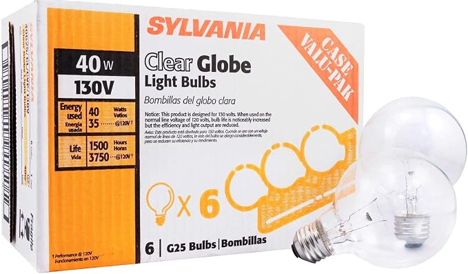 Sylvania 40 Watt Vanity Light Bulbs 6 Pack - Incandescent E26 Medium Base Globe Bulbs for Bathroom, Dimmable G25 Type G Round Vanity Bulbs 40W, 130V Clear Warm White