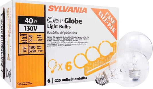 Sylvania 40 Watt Vanity Light Bulbs 6 Pack - Incandescent E26 Medium Base Globe Bulbs for Bathroom, Dimmable G25 Type G Round Vanity Bulbs 40W, 130V Clear Warm White