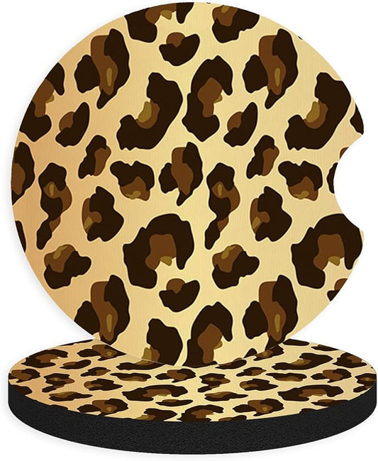 2pcs Cute Leopard Print Car Coasters,Absorbent Universal neoprener Cup Holder Coasters with a Finger Notch,Car Accessories for Women&Man Interior，2.75" 2