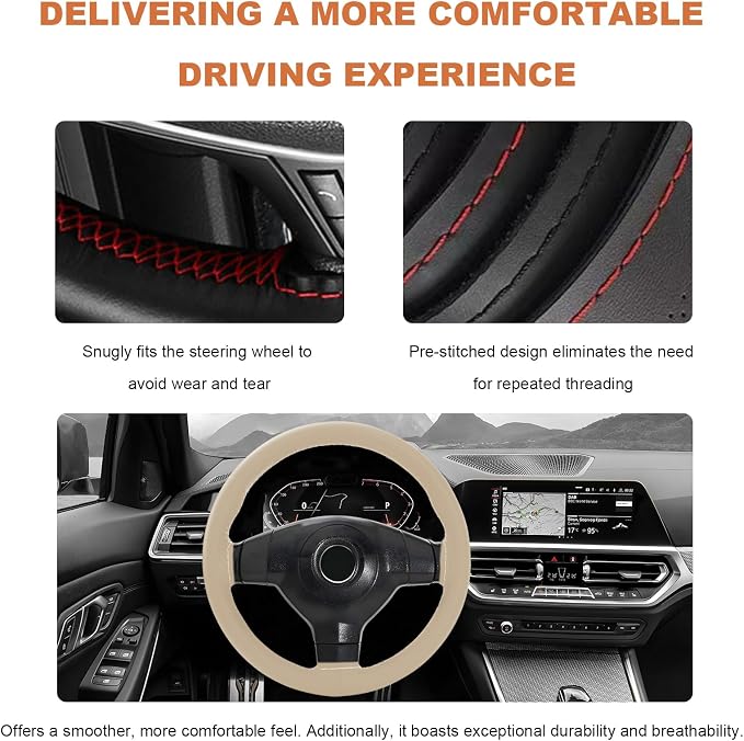 Genuine Leather Steering Wheel Cover, 15 Inch Stitch on Wheel Wrap with Needles & Threads, Breathable Steering Wheel Protector DIY Sewing Wrap for Car Truck SUV (Beige, Glossy)