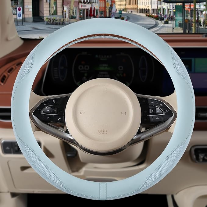 Nappa Leather Blue Steering Wheel Cover Large 16 inch | Non-Slip Breathable Microfiber Leather and Ice Silk Fabric, Warm in Winter and Cool in Summer, 15.5 inch to 16 inch