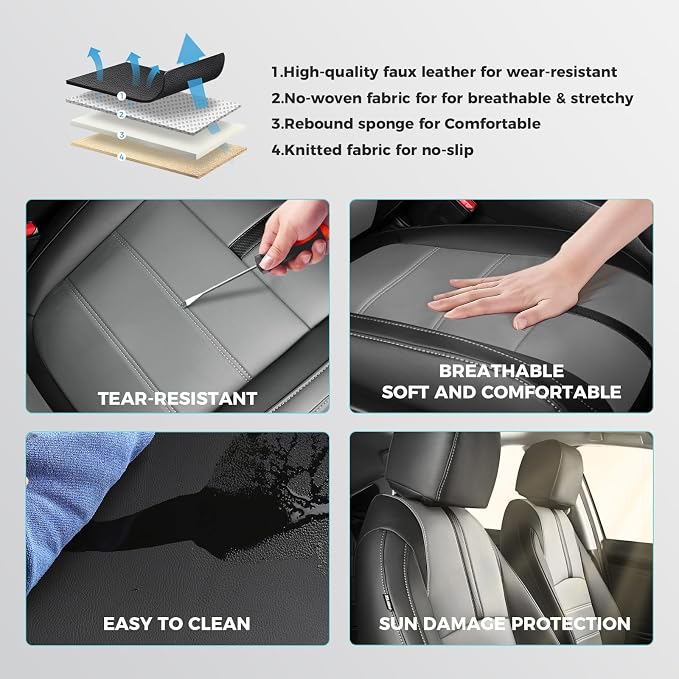 Seat Covers for Honda Civic Sedan LX 2016 2017 2018 2019 2020 2021, Faux Leather Car Seats Cover Full Set Waterproof, Black Grey (Solid Rear Seatback - No Rear Armrest)