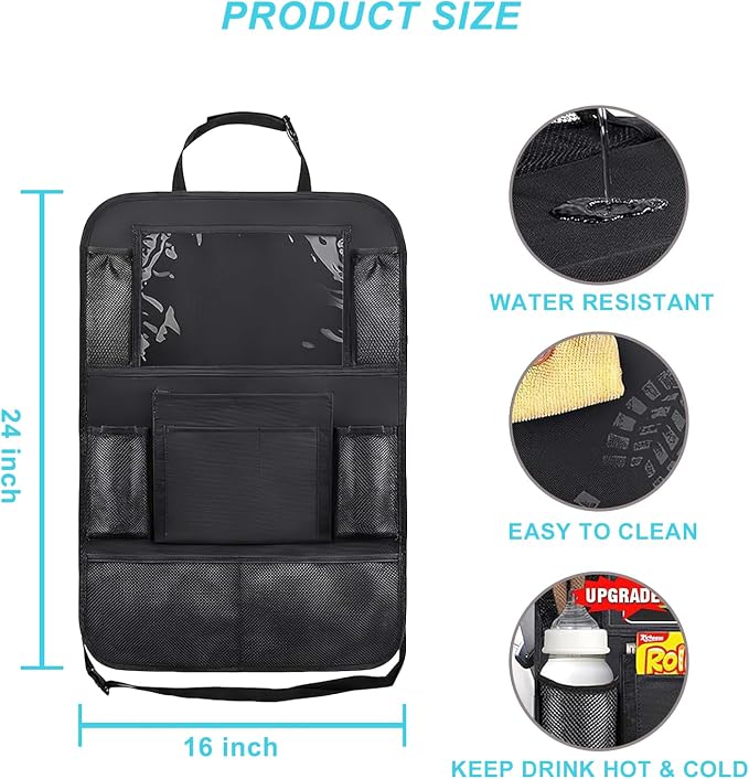 Matenf Backseat Car Organizer with 9 Storage Pockets | 10" Tablet Holder, Keep Car Organized & Tidy, Seat Back Cover for Kid Toddler, Kick Mats Protector, Travel Accessories, 1 Pcs